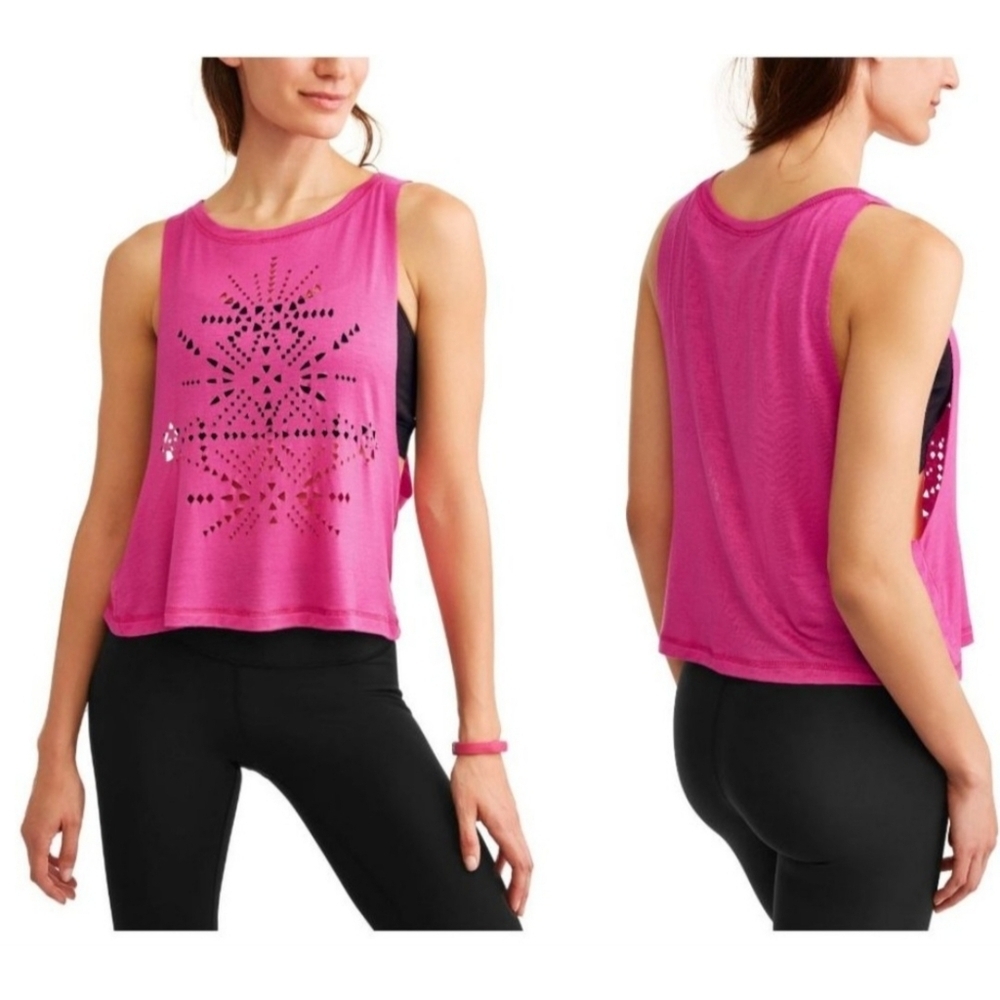Daisy Fuentes Fit Hot Pink Perforated Crop Top Workout Shirt
